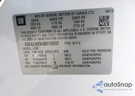 2013 GMC Terrain Slt-2 from USA, damaged, VIN 2GKALWEK4D6128297
